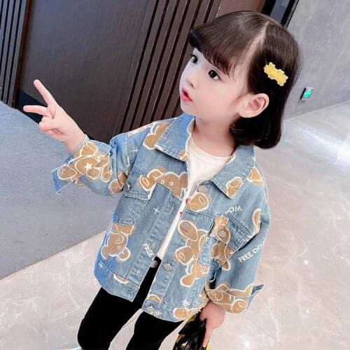Childrens Denim Jacket 2021 Autumn New Girls Full Printed Cartoon Bear Denim Jacket Little Girls Clothing