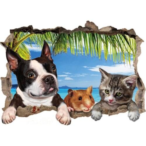 Sea view mural cute doggy cat broken wall 3d vinyl stickers home decoration beach palm tree scenery poster wallpaper 70*50cm