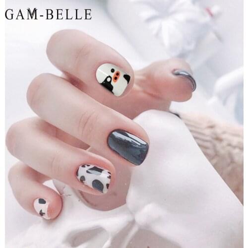 GAM-BELLE 24Pcs Detachable French Fake Nails Cute Cow Pattern Full Cover False Press On Nails Tips DIY Manicure Nail Art Tools