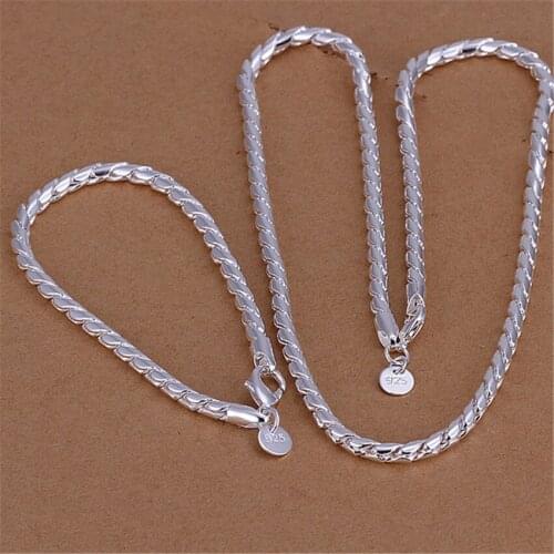 Hot 925 Sterling Silver Bracelets necklace Jewelry set for Women Fashion Party Gifts Girl student 4MM Twisted rope chain wedding