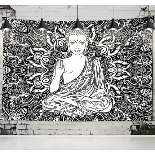 Indian God Ganesha Tapestry Indian Black White Buddha Statue Temple Church Decor Tapestry Wall Blanket Tapestry Wall Carpet