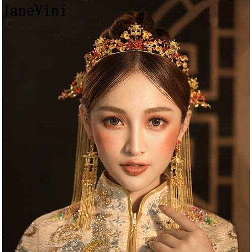 JaneVini Chinese Luxury Gold Bridal Crown with Earrings Ancient Long Tassels Hairpins Wedding Headband Brides Hair Accessories