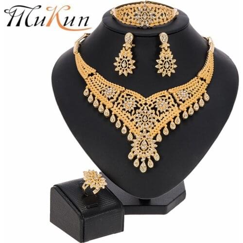 Dubai Elegant Bridal Gold Jewelry Sets Crystal Flower Necklace Bracelet Earring Ring Nigerian Wedding Party Women Fashion sets