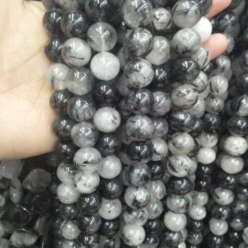 14mm Round Natural Stone Beads Black Rutilated Quartz Crystal Stone Beads For Necklace Bracelet Making Strand 15'' DIY Jewelry