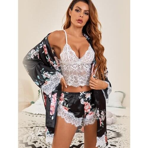 Lace Pajamas Suit Strap Top&Shorts Femme Print Sleepwear 3PCS Pjs Sets Women Satin Nightwear Intimate Lingerie With Belt