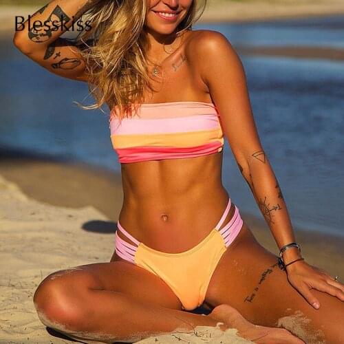 Sexy Brazilian Swimwear Bikini Set Women 2020 Hot Sport Strapless Bandeau Swimsuit Swimming Suit For Women Stripe Bathing Suit