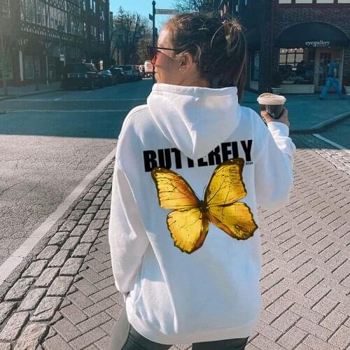 Hot Sale Autumn/winter Womens Hoodie Butterfly Print Long-sleeved Drawstring Top Oversized Ladies Pullover, Hip-hop Street Wear