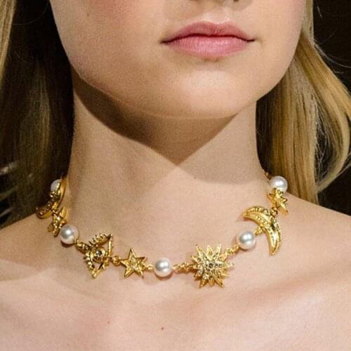 Fashion Women Pearl Gold Star Eyes Moon Clavicle Necklace Temperament Choker Necklace Jewelry Gifts