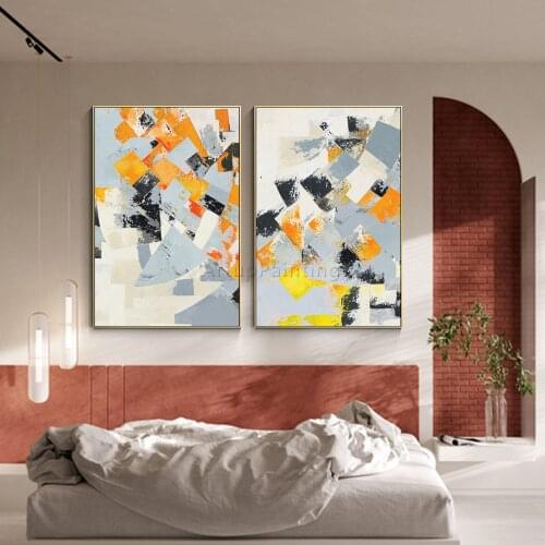 Set of 2 Modern abstract Grey orange Brown Hand painting on canvas wall art pictures for living room decoracion wall poster