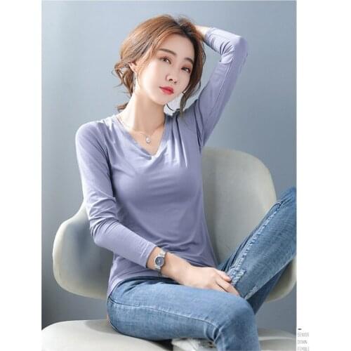 Fall New Womens T-shirt Pure Cotton Slim V-neck Solid Color Bottoming Shirt Casual T-shirt Femme Qm