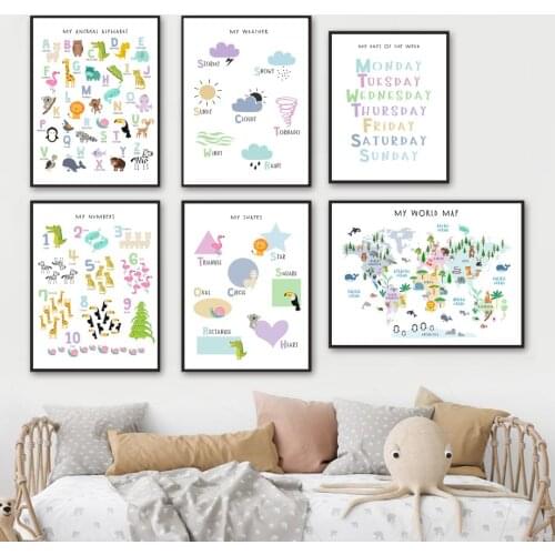 Learn Educational Animal Colors Numbers Map Weather Nordic Poster Wall Art Print Canvas Painting Wall Pictures Kids Room Decor