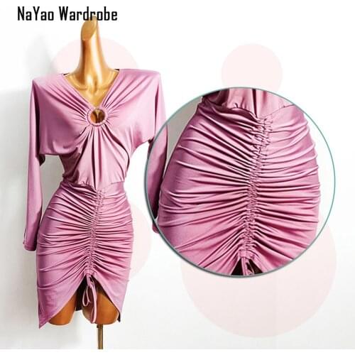 Sexy Latin Dance Dress Women Wrinkle Design Long Sleeve Dress for Ballroom Samba Tango Chacha Dancing Performamnce W571