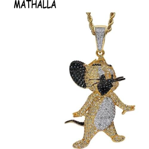 Classic Cartoon Cat and Mouse Character Mouse Jerry Pendant Rope Chain Necklace Men Iced Out CZ Stone Pendant Hip Hop Jewelry