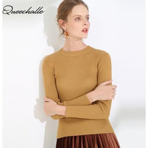 Queechalle 7 Colors Autumn Winter Basic Pullover Womens Round Neck Long Sleeve Slim Sweaters Female Casual Jumper Tops