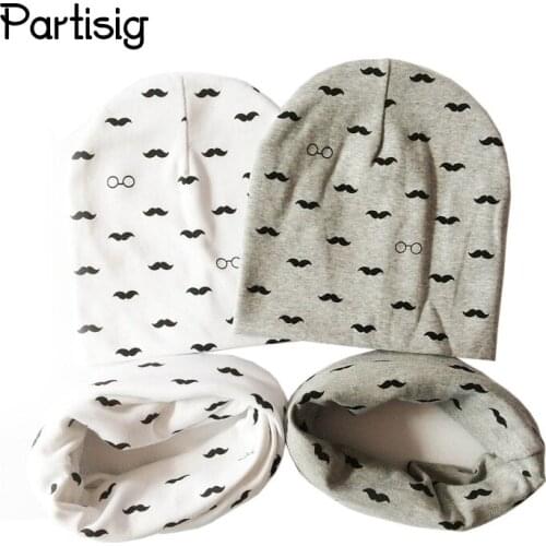 Baby Hat Scarf Cotton Knit Printing Baby Boy Cap Scarf 2PCS Set Mustache Print Winter Childrens Hats Caps