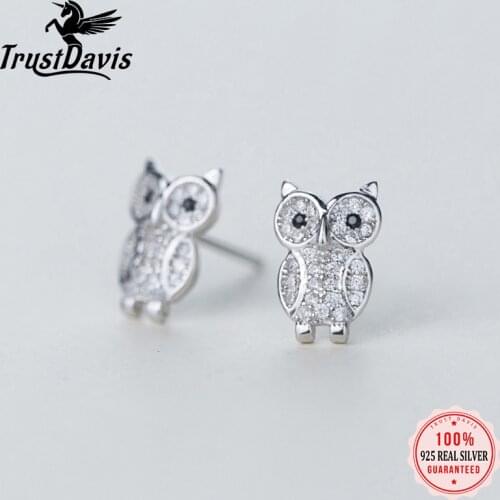 Trustdavis Real 925 Sterling Silver Owl Stud Earrings Shiny CZ Stone Wise Wish Gift For Women Girls Party Jewelry DS2006