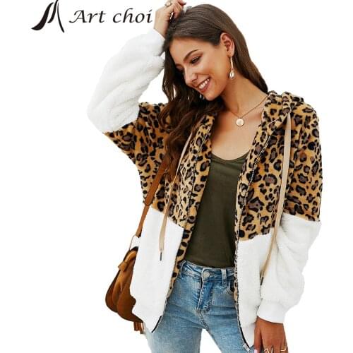 Entry Lux Thick Winter Women Casual Faux Fur Leopard Jackets Warm Female Hoodie Teddy Plush Coats Sweatshirt Outerwear Overcoats