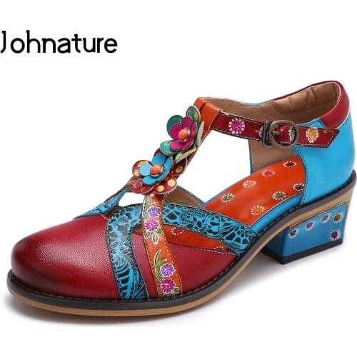 Johnature 2020 New Retro Genuine Leather Round Toe Square Heel Print Hollow Buckle Strap Comfortable Women Sandals Med Heels