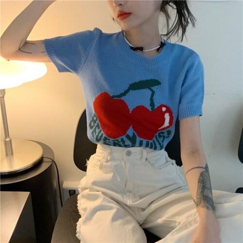 Vintage Ribbed Knit Women Crop Top Cherry Pattern Short Sleeve Elasticity T-shirt Female Y2K E-Girl Streetwear Kawaii Clothes