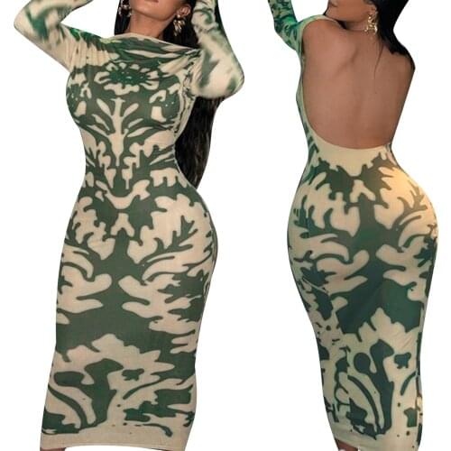 Hirigin Fashion Women Leaves Printed Backless Long Dress Long Sleeve O-neck High Waist Slim Hip Dress for Ladies Spring Fall