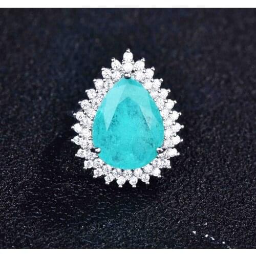 QTT Luxury Water Drop Paraiba Tourmaline Gemstone 925 Sterling Silver Womens Ring Temperament Ladies Trendy Vintage Jewelry