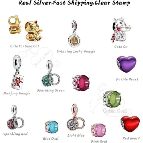 Real 925 Silver Beads Cute Fortune Cat Charms Sparkling Dangles Fits Original Bracelets Bangles Necklaces Pendant