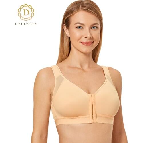 DELIMIRA Womens Full Coverage Front Closure Wire Free X-shape Back Support Posture Bra Plus Size