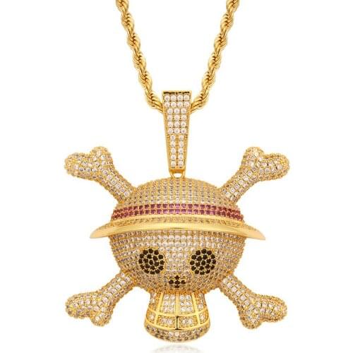 Iced Out ONE PIECE Pendant Necklace New Arrival Anime Pirate Skull AAA Zircon MenS Charms Necklace Hip Hop Jewelry