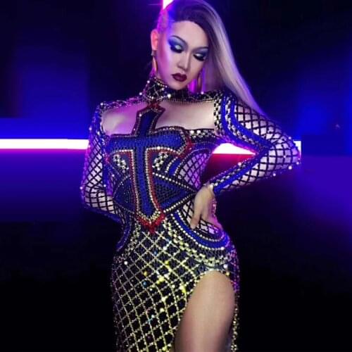 Sparkly Crystals Split Feather Long Body Stretch Wrap Hip Skirt Female Singer Stage Performance Evening Party Dress DJ344