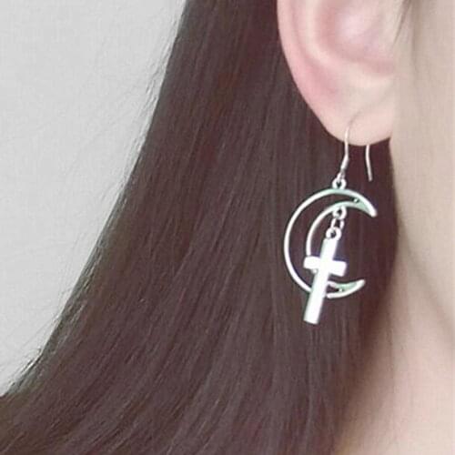 Ea422 Personality exaggerated moon cross frame earring combination tassel Double layer glossy earrings Female charm jewelry