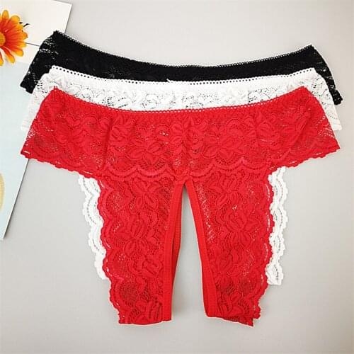 Open Crotch Lace Thong Ladies Erotic Underwear Plus Size Briefs Sexy Lace Ruffles See Through Sex Panties