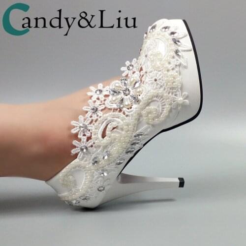 Lace flower bride wedding shoes wedding photography dress dress single heel super high heel Diamond Pearl Wedding Banquet toast