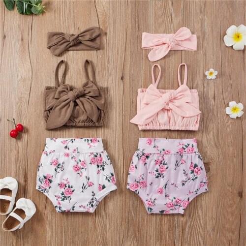 3pcs Newborn Infant Baby Girls Summer Outfits Spaghetti Strap Bowknot Crop Tops+High Waist Floral Shorts+Headwear Sunsuits