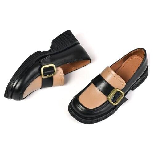 Lolita Shoes Real Leather Loafers For Women 2021 Womens Pumps Shoes Square Toe Buckle Casual Footwear For Women Size 34-40