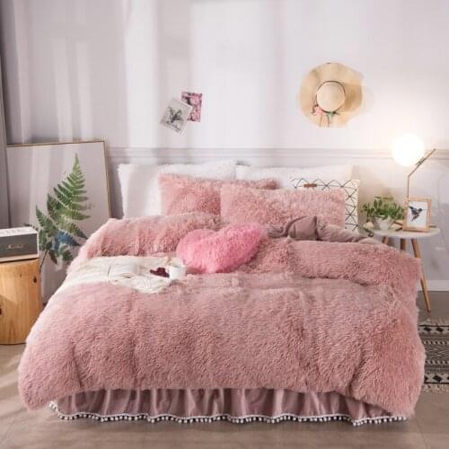 Multi Solid Color Luxury Plush Shaggy Warm Soft Duvet Cover Set 160X200cm Bedding Set Pompoms Shams Pillow Ruffles Bedskirt