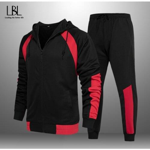 Mens Zipper Hoodie Two Piece Sets Man Patchwork Casual Suit Sportswear Korean Hip-Hop Autumn Winter Drawstring 2021 New Fashion
