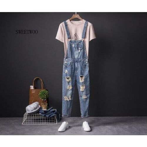 Mens fashion hole jeans nine points men and women wear trendy overalls denim bib retro retro 6XL