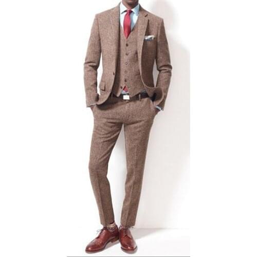 Latest Coat Pant Designs Brown Tweed Men Suit Slim Fit 3 Piece Stylish Tuxedo Custom Groom Blazer Prom Suits Terno Masuclino S67