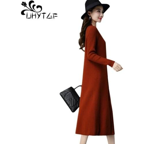 UHYTGF 2019 New noble sweater dress Women Loose plus size Knit pullover Long dress Long sleeved autumn winter dresses Ladies1193