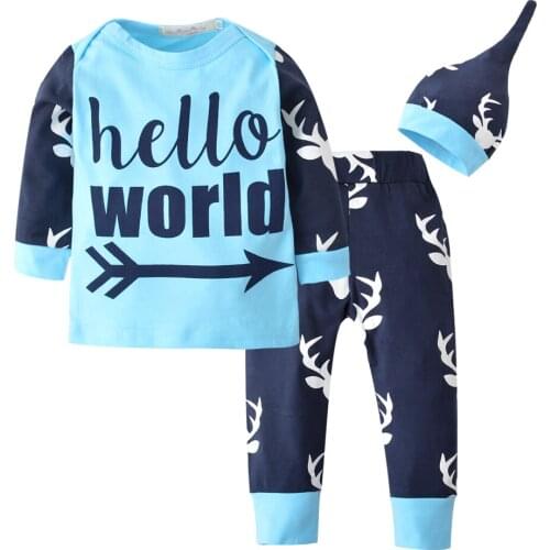 Autumn baby boy clothes Cotton Newborn Baby Outfits long-sleeved letter Tops+Deer head Pants+Hat Infant Clothing For Baby Sets
