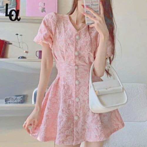 Luck A Kawaii Korean Solid Mini Dress Women French Sexy Ladies Party V-neck Short Sleeve Dress Sweet Holiday Dew Waist Dresses