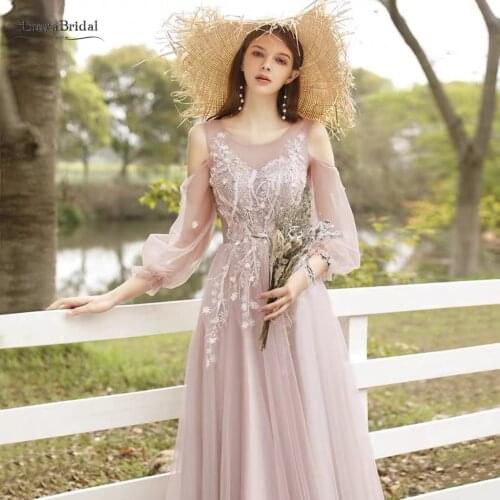 Dusty Pink Prom Dresses Short Sleeves 2021 New Lace Elegant Simple Women vestido de fiesta de boda Evening Party Dress JQ807