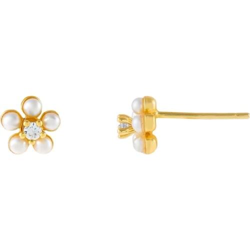 Gold Plated 925 Sterling Silver 5MM Tiny Flower Stud Paved Fresh Pearl Beads Minimal Multi Piercing Small Girl Earring