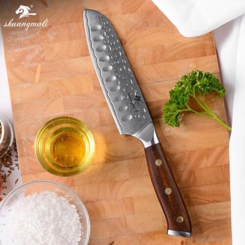 Shuangmali 7 Inch Slicing Chef Knife 67Layer Damascus Stainless Steel Kitchen Santoku Knives Wood Handle Utility Cleaver Knife