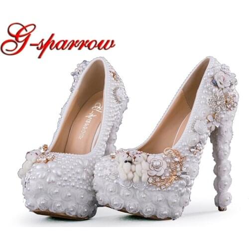 Special Design Wedding Shoes White Pearl High Heel Bride Dress Shoes Flower and Lovely Bear Platform Prom Party Pumps Large Size