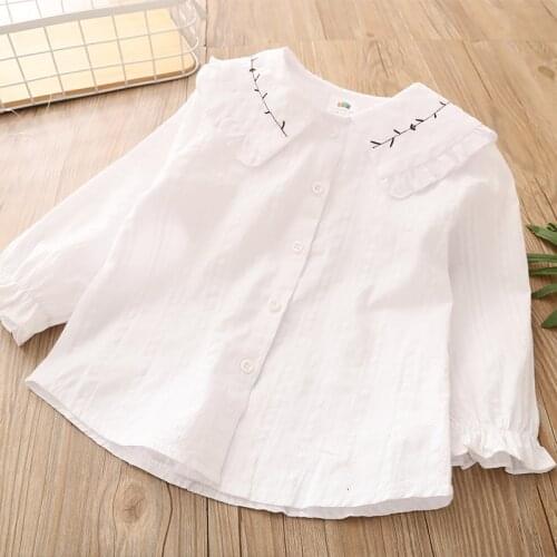 2021 Spring Autumn 2 3 4 6 8 10 Years Kids Baby Long Trumpet Sleeve Doll Collar Embroidery Cotton White Blouse Shirts For Girls