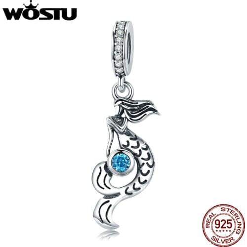 WOSTU Authentic 925 Sterling Silver Original Mermaid Tear Sea Blue Crystal Stone Bead Charms Fit Bracelet Pendant Jewelry FIC824