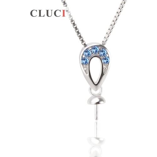 CLUCI Jewelry 100% Sterling Silver 925 Blue Zircon Freshwater Pearl Pendant DIY For Women Jewelry,Can stick Pearl on SP201SB
