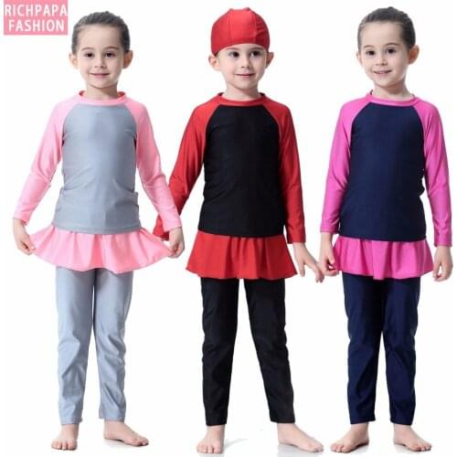 Islamic Burkinis Maillot de bain Femme 3 Pieces Musulman Full Coverage Girl Swimsuit Long Sleeve Swimwear Muslim