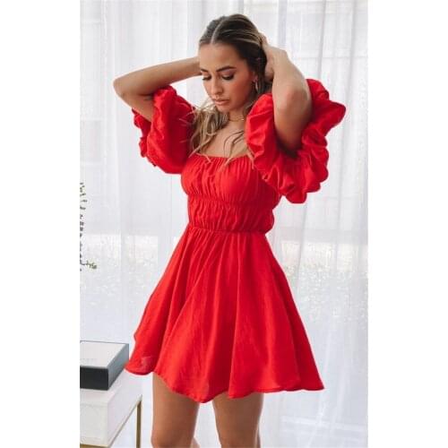 Summer Dress Sexy Slash Neck Off Shoulder Puff Sleeve Womens Mini Dresses 2021 Solid Color Big Swing Ruffle Street Dress Women